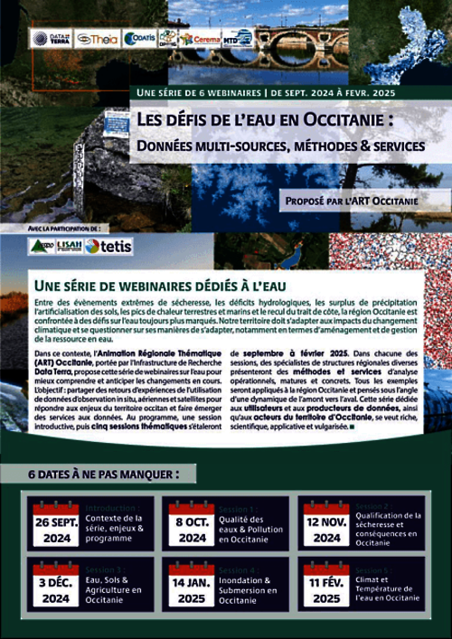 Affiche Les Défis de l'eau en Occitanie, série de webinaires organisée par l'ART Occitanie, ODATIS, THEIA